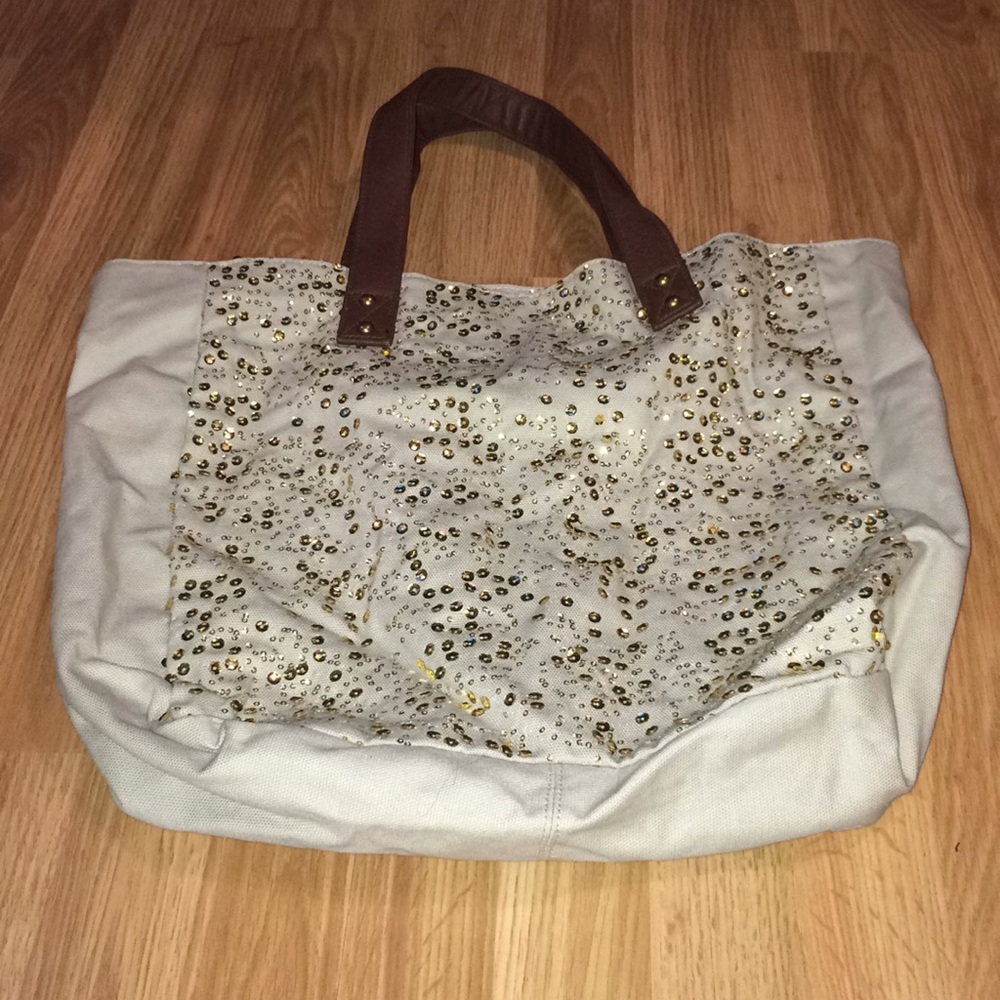 Merona tan canvas gold sequin tote bag